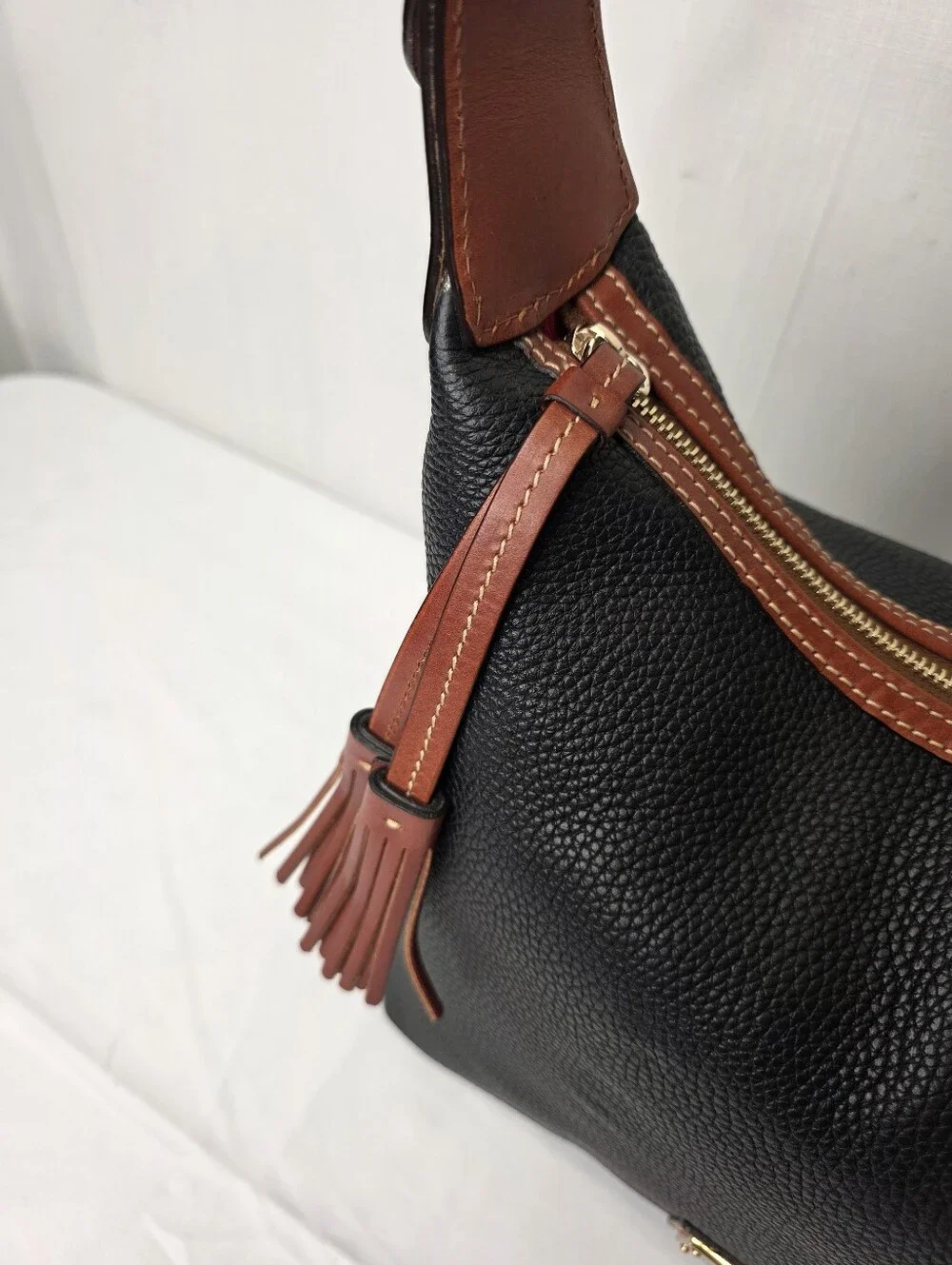 Dooney & Bourke Black Pebbled Leather Hobo Bag Tassel Shoulder Purse